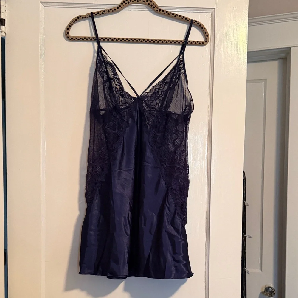 Navy Satin Lace-Trim Kimono Robe - Women's Chemise